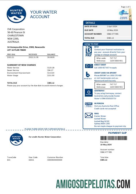 Em branco modelo de conta de serviços públicos da Australia Hunter Water em formato Word e PDF